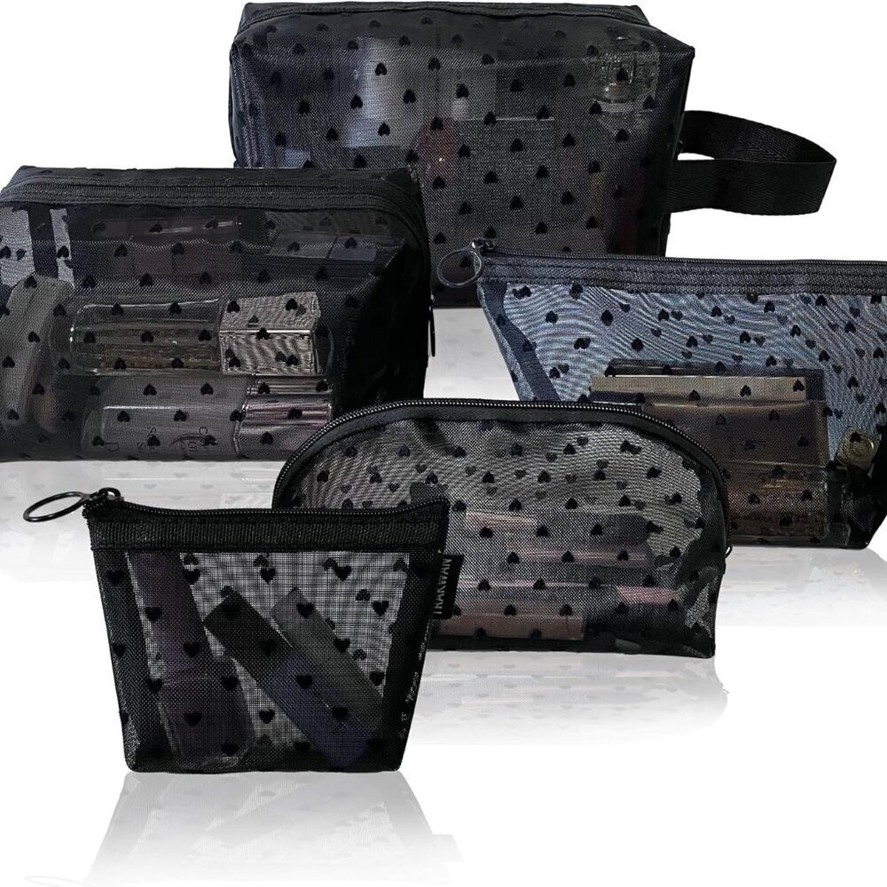 5 Pieces Zipper Mesh Cosmetic Bags Set, Mesh Heart Makeup Bags Toiletry Bags, Po